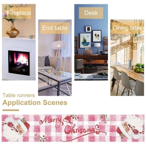 Pink plaid Christmas table runner featuring Santa Claus for dining table and fireplace