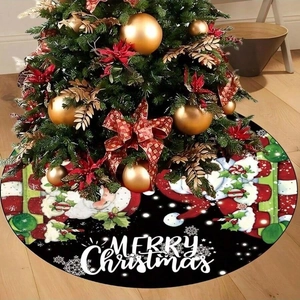 Black Christmas tree skirt with Santa Claus and snowman patterns for holiday decor