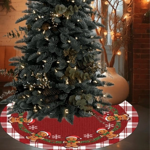 Red Christmas tree skirt featuring gingerbread man and classic red plaid border decor