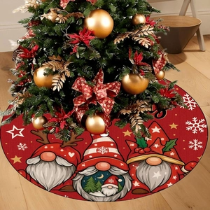 Festive red Christmas tree skirt with cute gnomes, snowflakes and golden stars decoration