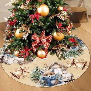 Christmas tree skirt with fox, bells and snow house illustration on beige fabric
