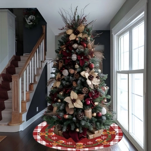 Red plaid Christmas tree skirt featuring cute gingerbread man and white snowflake patterns