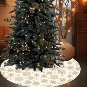 White Christmas tree skirt with gold snowflake patterns for festive holiday home decoration