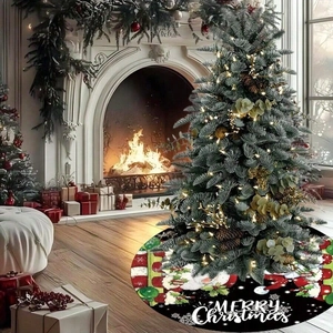 Christmas tree skirt with Merry Christmas text and Santa Claus patterns for holiday decoration