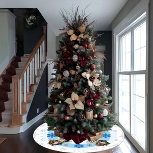 Round Christmas tree skirt with blue snowflakes and cartoon rabbits for holiday decor