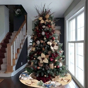 Christmas tree skirt with polar bear and golden bells, round festive holiday floor decor