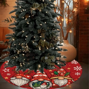 Red Christmas tree skirt featuring festive gnomes, reindeer antlers and snowflakes motifs