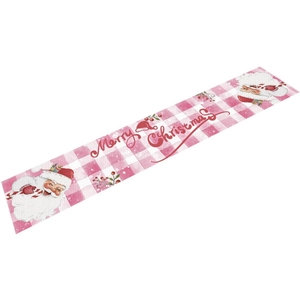 Pink plaid Christmas table runner with Santa Claus and Merry Christmas text
