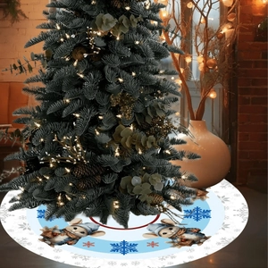 Blue snowflake and mouse print round Christmas tree skirt for holiday indoor floor decor