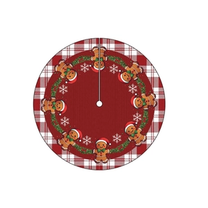 Red plaid Christmas tree skirt featuring gingerbread man and snowflake festive patterns