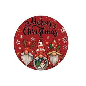 Red Christmas tree skirt with Merry Christmas text and festive cartoon gnomes