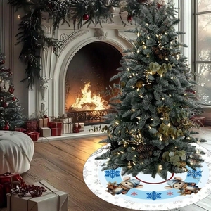 Blue snowflake Christmas tree skirt with festive mice print for holiday floor decor