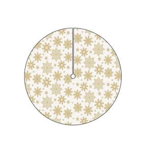 White Christmas tree skirt with golden snowflake and star patterns in a round shape