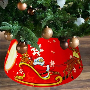 Red Christmas tree skirt featuring Santa Claus, reindeer sleigh and white snowflakes
