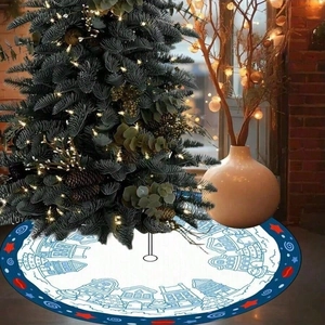 Round Christmas tree skirt with blue house patterns on white fabric for floor decoration