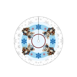 Blue Christmas tree skirt featuring cartoon mice and colorful snowflakes on white base