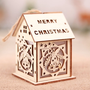 Cabane de Noël lumineuse en bois avec gravure Merry Christmas et cordelette de suspension