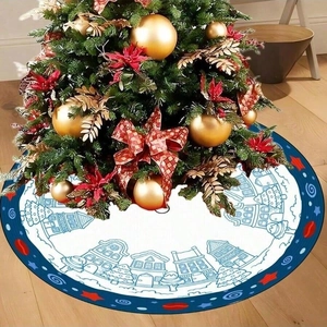 Blue Nordic house pattern Christmas tree skirt with festive star borders for floor decor