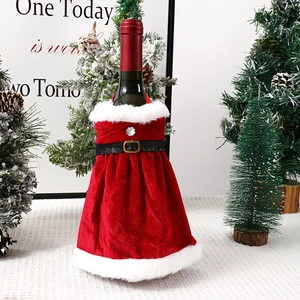 Christmas red velvet dress wine bottle cover with white fur trim and gold buckle belt
