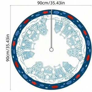 90cm Christmas tree skirt featuring blue house patterns and red star motifs on white fabric