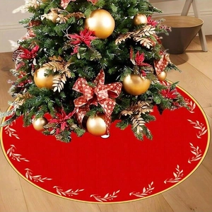 Rote Weihnachtsbaumdecke Mit Goldenem Blattmuster Polyester Rund Weihnachtsbaumbasis Abdeckung Urlaub Party Home Dekor