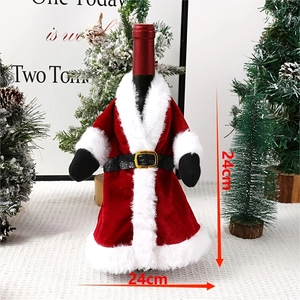 Christmas Santa suit wine bottle cover with velvet fabric, belt, and plush trim, 24cm size