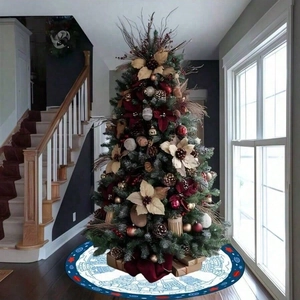 Blue winter house pattern Christmas tree skirt for indoor and outdoor festive decoration