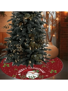 Close-up of red Christmas tree skirt with Santa face and Merry Christmas text