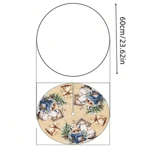 Round Christmas tree skirt featuring winter forest fox and cabin motifs in 60cm size