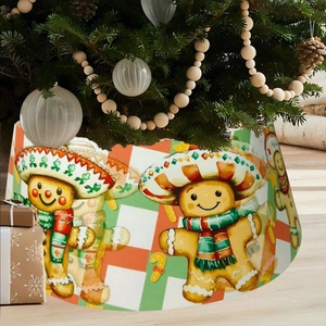 Gingerbread man themed Christmas tree skirt with festive red and white plaid pattern