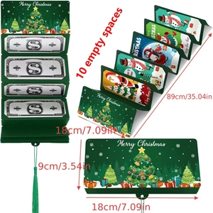 Green Christmas folding money envelope with 10 slots and festive tree illustration