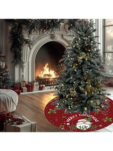 Detail of red Christmas tree skirt featuring Santa Claus and Merry Christmas text