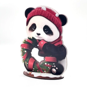 Acrylic Christmas panda standee with red hat and wreath for festive table decoration