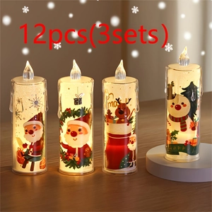 Detail of 12pcs LED Christmas candles with Santa and Reindeer patterns on clear acrylic