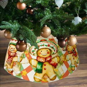 Gingerbread man themed Christmas tree skirt with festive red and green striped pattern