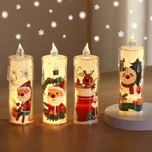 Clear Acrylic Christmas LED Electronic Candle Lights Warm Yellow Flameless Simulation Candles With Santa Reindeer Pattern For Festive Holiday Party Home Decor