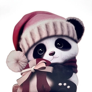 Cartoon panda Halloween decor with pink knitted hat and burgundy scarf for festive party