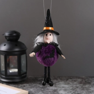 Spooky Halloween witch hanging ornament with purple plush body and black pointed hat for party