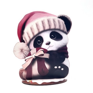 Detail of Christmas panda figurine wearing red Santa hat and holding a gift box ornament