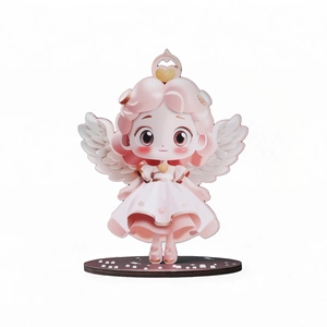 Detailed view of the wooden cartoon angel figurine with pink hair and a circular base