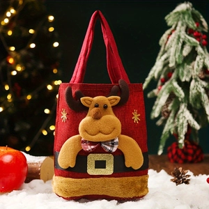Detail of Christmas reindeer gift bag with plush 3D deer and checkered bow on burlap