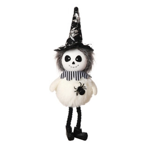 Detail of plush Halloween ghost decoration featuring a wizard hat and a small black spider