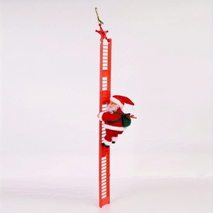 Kletternder Weihnachtsmann an einer roten Leiter mit grünem Geschenksack für Weihnachtsdeko
