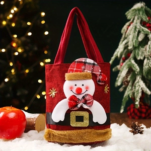 Detailed view of red linen Christmas gift bag featuring a 3D snowman and faux fur trim
