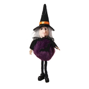 Detailed view of Halloween witch plush hanging ornament with a purple body and black hat