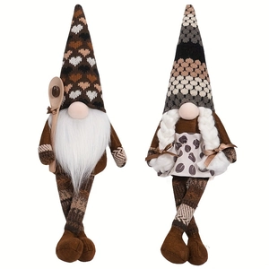 Pair of coffee-themed knitted gnomes ornaments with heart pattern and white beard