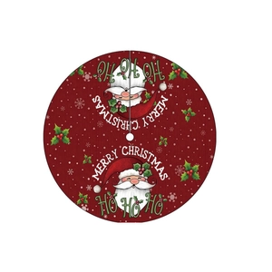 Red Christmas tree skirt with retro Santa Claus pattern and white Merry Christmas text
