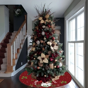 Red Christmas tree skirt with Santa Claus pattern and Merry Christmas holiday text