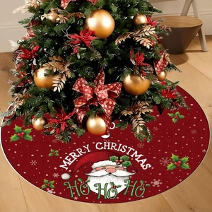 Classic red Christmas tree skirt with Santa Claus motif and Merry Christmas lettering