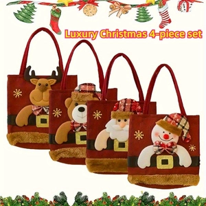 Set of 4 Christmas gift bags featuring reindeer, bear, Santa Claus and snowman motifs